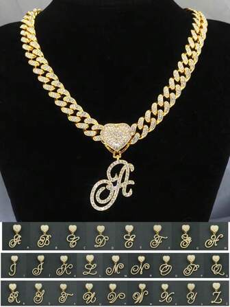 1 件 13 毫米宽欧美嘻哈风格草风格字母吊坠项链，配心形扣和全水钻链装饰情人节、妈妈、母亲、母亲节、礼物