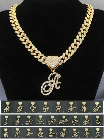 1pc 13mm Width European And American Hiphop Style Grass Style Alphabetic Pendant Necklace, With Heart Buckle And Full Rhinestone Chain Decoration Valentines,Mom,Mother,Mother's Day,Gift