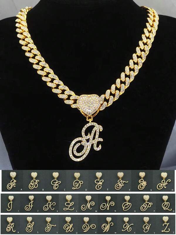 1pc 13mm Width European And American Hiphop Style Grass Style Alphabetic Pendant Necklace, With Heart Buckle And Full Rhinestone Chain Decoration Valentines,Mom,Mother,Mother's Day,Gift