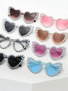 1 Pair Of Bridal Fashion Retro Heart-Shaped Faux Pearl Frames Ladies Cat Eye Glasses Fashion Beach Party Decorative Glasses
