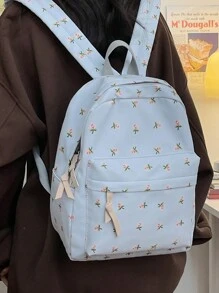 Fashion New Fresh And Simple Backpack, Full Body Flower Pattern Backpack, Zipper Fashion Backpack, Travel Avant-Garde Daypack (Pattern Direction Random) - Blue - View 4