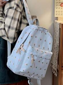 Fashion New Fresh And Simple Backpack, Full Body Flower Pattern Backpack, Zipper Fashion Backpack, Travel Avant-Garde Daypack (Pattern Direction Random) - Blue - View 3