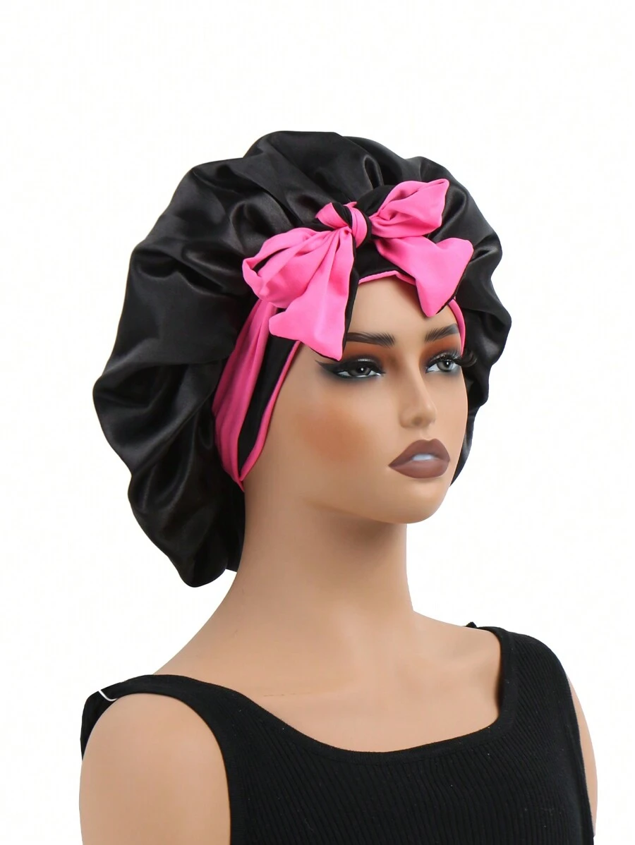 1pc Double-Layered Color Block Sleep Hat With Long Straps And Round Cap, Wig Cap