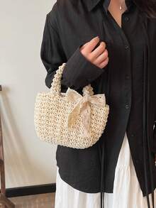 今年流行新款时尚手工编织小篮子包带肩带点缀，时尚单肩包 - 米色 - 查看 2