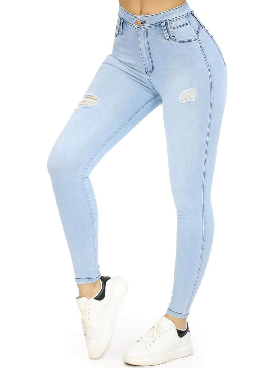 Vaqueros pitillo rasgados de moda delgada azul claro para Mujer - Lavado ligero - Ver 1