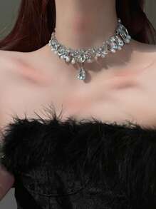 1pc Hollow Out Water-Drop Shaped Gemstone & Crystal Inlaid Faux Pearl Choker Necklace For Women - Silver - View 7
