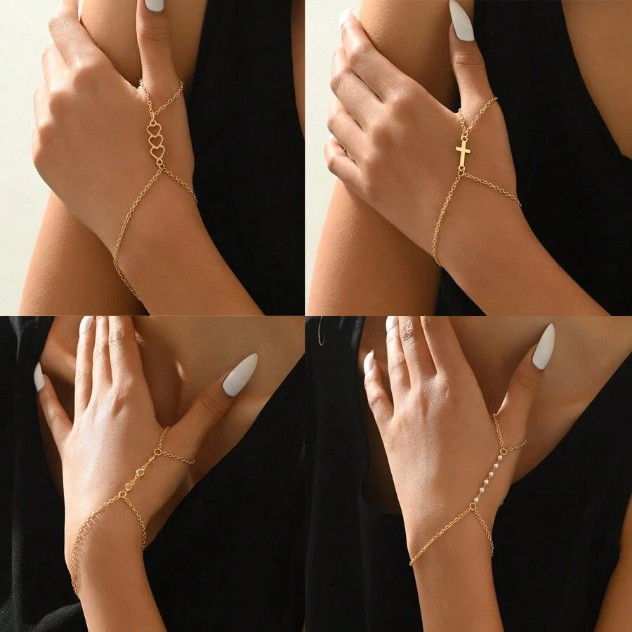 1 件金色十字心形、人造珍珠和玻璃水钻连接手指手链，适合海滩度假情人节、妈妈、母亲、母亲节、礼物 - 金黃色 - 查看 1