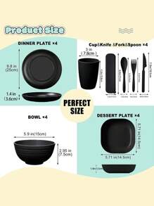 4pcs/32pcs Plastic Dinnerware Set, Lightweight Reusable Tableware Set Including 8 Plates, 4 Bowls, 4 Cups, 4 Knives, 4 Forks, 4 Spoons, Ideal For 4 People School Supplies,Christmas Gift - Black - View 2
