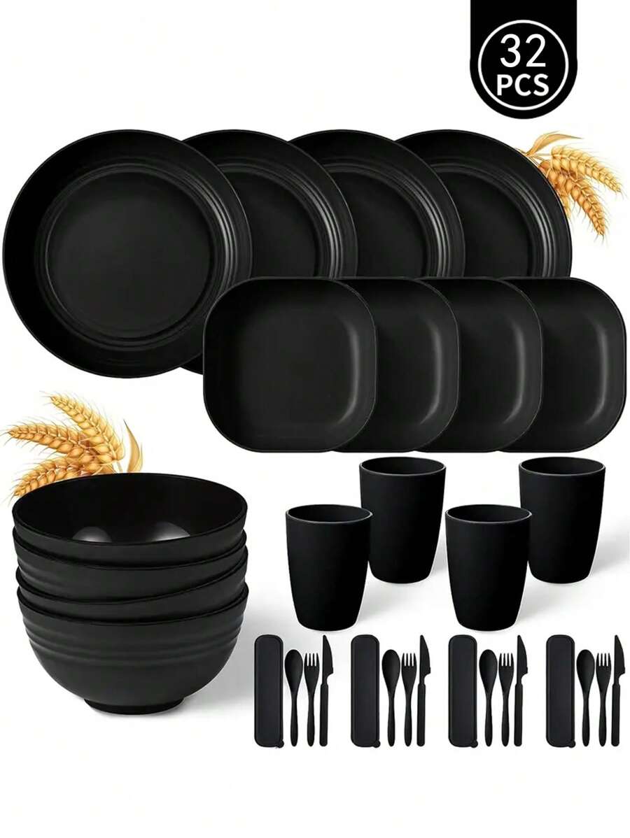4pcs/32pcs Plastic Dinnerware Set, Lightweight Reusable Tableware Set Including 8 Plates, 4 Bowls, 4 Cups, 4 Knives, 4 Forks, 4 Spoons, Ideal For 4 People School Supplies,Christmas Gift - Black - View 1