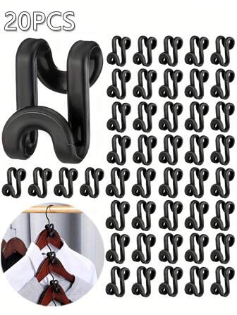 20pcs Black Hangers With Hooks & Connectors, Space Saving Closet Organizer For Bedroom Wardrobe