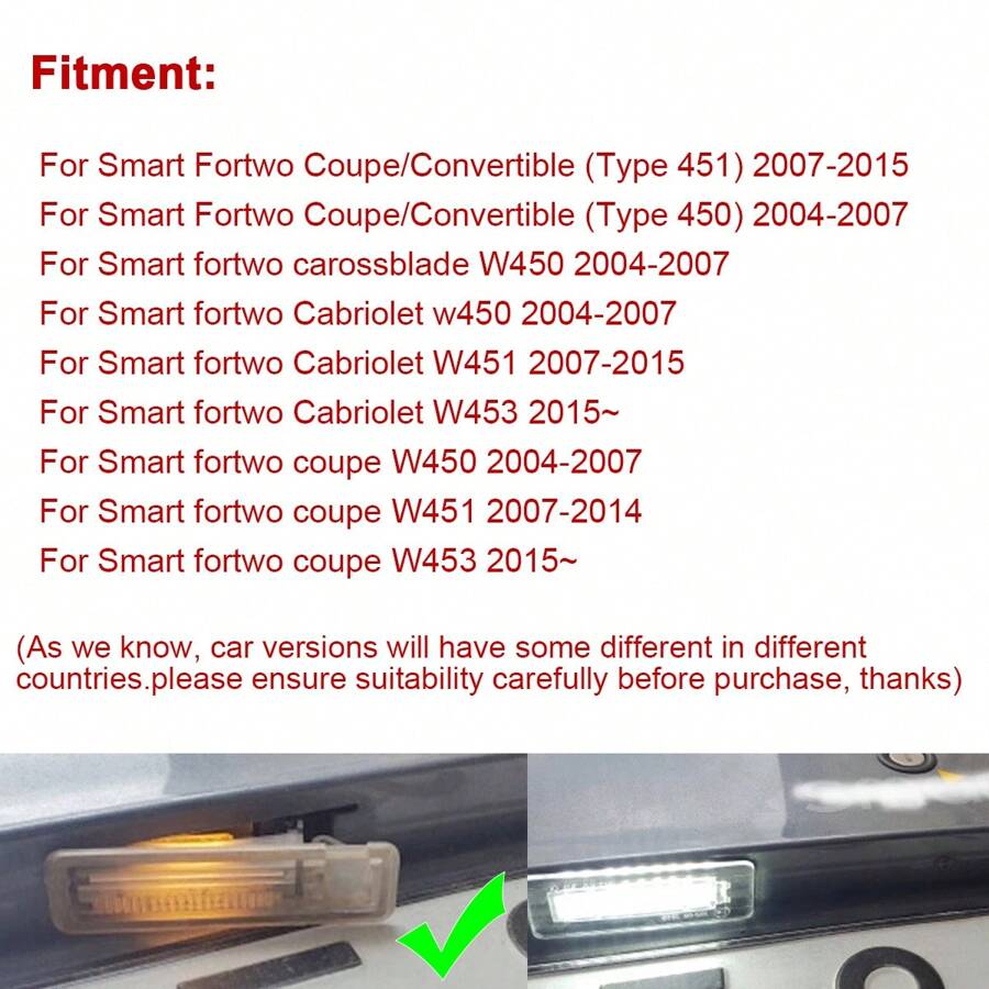 2pcs LED License Plate Lights ABS White For Smart Fortwo Coupe Cabrio W450 Cabriolet W450 W451