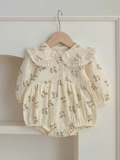 Baby Girl Floral Print Romper With Peter Pan Collar And Lace Hem