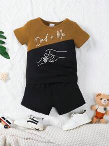 Set Di Maglietta Maniche Corte Nera E Shorts Estivi Per Bambino Con Stampa Di Gesti E Lettere