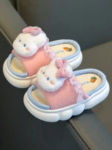 童裝亞麻熊兔拖鞋，春秋季女童室內嬰兒防滑拖鞋 - 粉色 - 查看 2