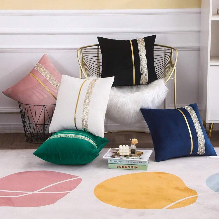 1pc/2pcs Velvet Gold Metallic Leather Sequins Embroidery Striped Throw Pillow Case (Pillow Insert Not Included), Square Cushion Cover, Holiday Home Decorative Pillow, Soft Comfortable Fabric, Modern Decor For Sofa, Bedroom, Dorm - Navy Blue - View 8