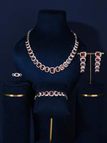 豪華珠寶紅藍綠微鑲正方形立方氧化鋯套裝,包括項鍊、耳環、手鍊和戒指,4件套,新娘派對珠寶套裝,婚禮禮物 - 石榴紅方形 - 查看 11