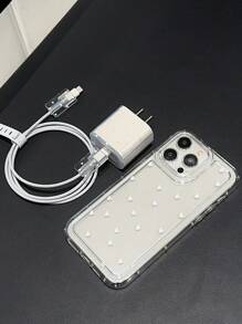 Full-Screen White Heart-Shaped Airbag Compatible With IPhone Protective Case + Charger Protective Cover, Anti-Break/Bite Line Organizer Cable Protector, Charger Protector