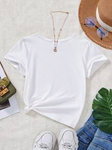 Slogan Print Round Neck Short Sleeve Casual Loose T-Shirt For Young Girls - White - View 3
