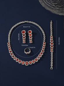 豪華珠寶紅藍綠微鑲正方形立方氧化鋯套裝,包括項鍊、耳環、手鍊和戒指,4件套,新娘派對珠寶套裝,婚禮禮物 - 石榴紅方形 - 查看 4