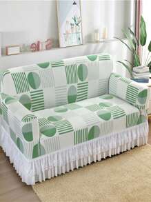 1套印花沙發套（附裙子），彈性全覆蓋家具保護套，適用於家用沙發 - 綠色 - 查看 1