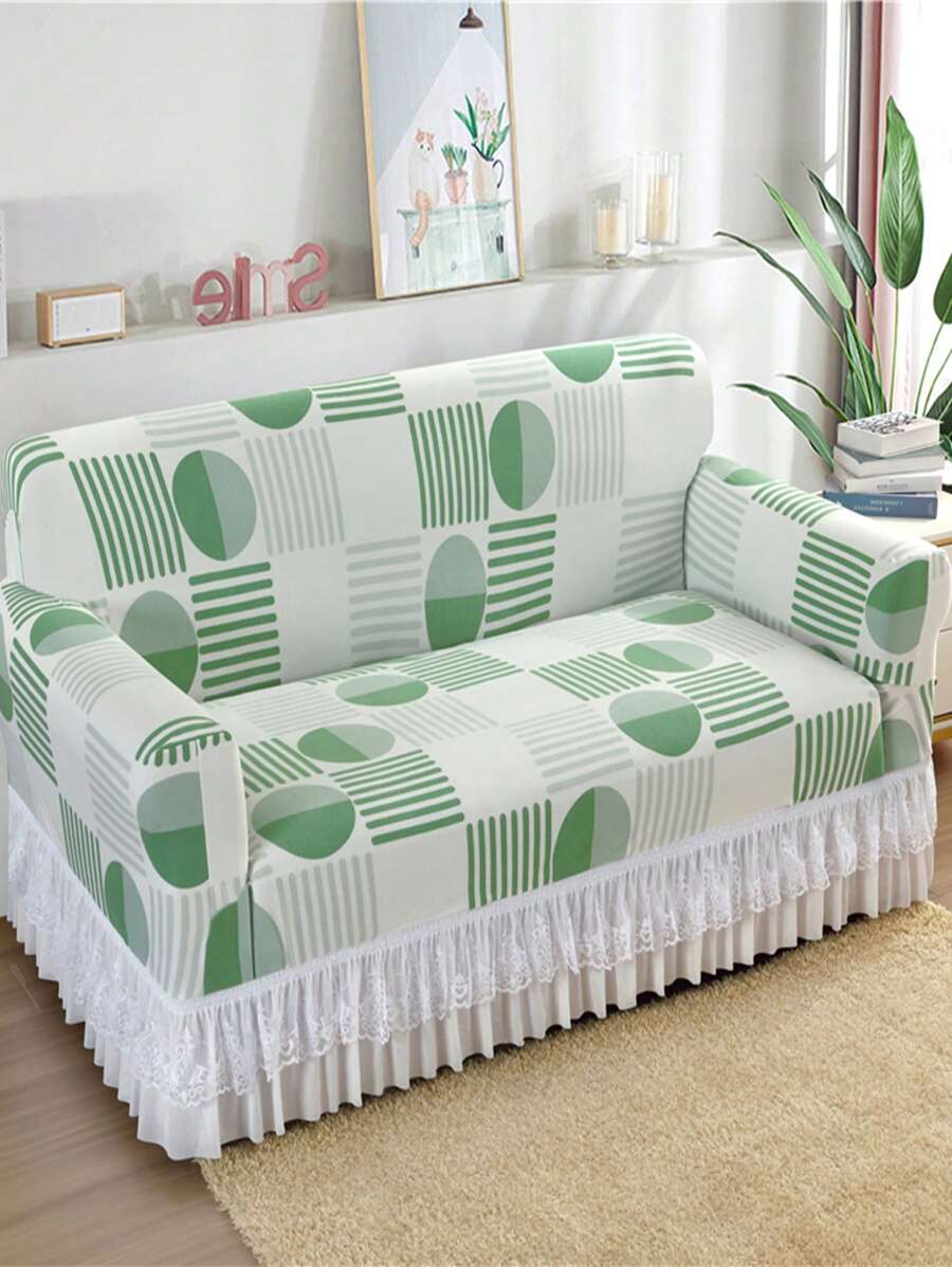 1套印花沙發套（附裙子），彈性全覆蓋家具保護套，適用於家用沙發 - 綠色 - 查看 1