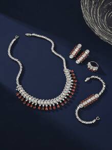 4 件套时尚绿色锆石水滴项链、手链、耳环和戒指首饰套装，适合新娘婚礼、派对 - 四件套 - 查看 9