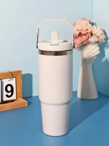 1/2 bình nước bằng thép không gỉ có nắp lật, ống hút và tay cầm, đáy phẳng chống rò rỉ, cốc giữ nhiệt hai lớp có thể tái sử dụng, cốc du lịch di động, vừa với giá đỡ cốc trên ô tô. - trắng - Xem 6