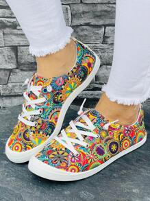 女性休閒帆布平底鞋，彩色圓形花朵圖案，時尚舒適，低幫圓頭款，四季皆宜的滑板運動鞋款 - 彩色 - 查看 1
