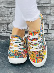 女性休閒帆布平底鞋，彩色圓形花朵圖案，時尚舒適，低幫圓頭款，四季皆宜的滑板運動鞋款 - 彩色 - 查看 3