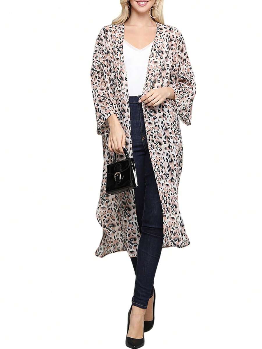 Kimono de gasa de leopardo bajo con abertura con parte delantera abierta - Caqui - Ver 1