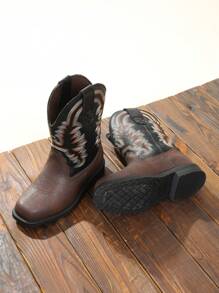 Kids Cowboy Boots, Western Style Riding Mid Calf Boots With Square Toe For Toddler & Little Boys And Girls - 巧克力棕 - 查看 4