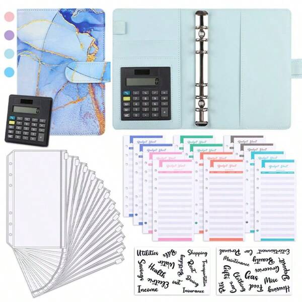 A6 Size 6-Ring Binder Cover With Marble Pattern, Comes With 1 Calculator, 12 Zipper Pouches, 2 Sticker Sheets, 12 Marble Budget Cards, Multi-Functional Office & Planner Organizer Set, 1 Set Or 2 Sets Available,Back To School,School Supplies,Savings Plan,Biweekly Savings Plan,10000 Savings Plan,Savings Strategy