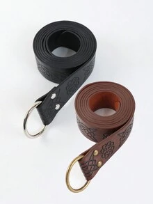 女性復古黑色/棕色中世紀腰帶，裝飾有壓花PU皮革和印花圖案，1入組男性戶外維京戰士海盜腰帶，適用於馬術和狩獵 - 彩色 - 查看 8