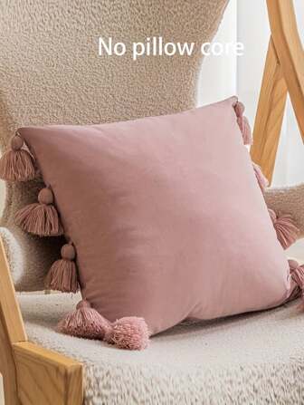 1pc,Pink Cute Boho Style Decorative Throw Pillow Covers With HandmadeTassels, Soft Velvet Solid Color Square Cushion CoverSet, Indoor OutdoorWashabl Pillowcase, Home Decor, Sofa Chair Cushion,WeddingBirthday Themed Party Supplies, Holiday Accesso,Throughout The Year Can Be Used. (Excluding Pillow Insert) ﻿Room Decor, Home Decor