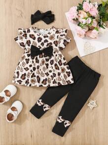Completo per bambina con maglietta a maniche corte con colletto alla Peter Pan e stampa leopardata, fiocco e pantaloni neri