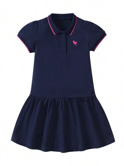 返校女孩休闲宽松动物印花短袖圆领夏季连衣裙，时尚舒适校服，尺码 2-7 岁