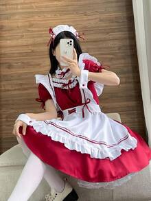 Maid Lolita Kawai Cosplay Costume Set - Burgundy - View 3