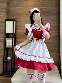 Maid Lolita Kawai Cosplay Costume Set - Burgundy - View 4