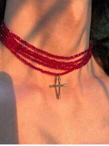 1pc 5-Layer Cross Necklace With Glass Crystal Suitable For Daily Wear, Unisex - Red - View 7