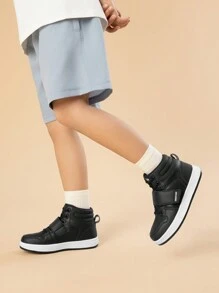 Boys Girls High Top Sneakers Hook-Loop Strap Fashion Basketball Sneakers Comfortable Kids Shoes - 黑色 - 查看 1