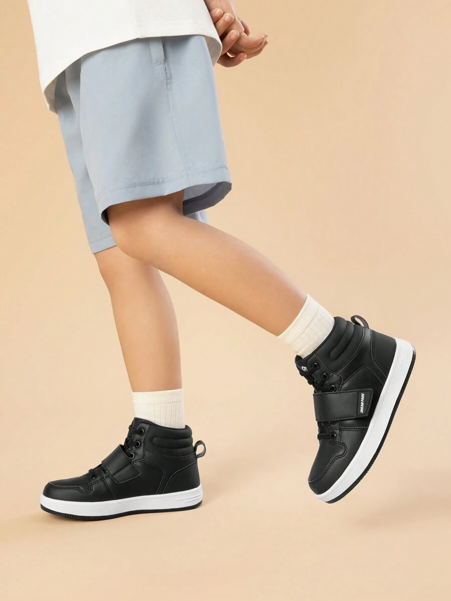 Boys Girls High Top Sneakers Hook-Loop Strap Fashion Basketball Sneakers Comfortable Kids Shoes - 黑色 - 查看 1
