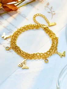 1 Pieza Vintage Y Sofisticado Pulsera De Doble Capa De Enlace De Acero Inoxidable Con Colgante De Mariposa Hueco De Metal Y Strass Para Las Mujeres, Adecuado Para Uso Diario - Pulsera - Ver 3