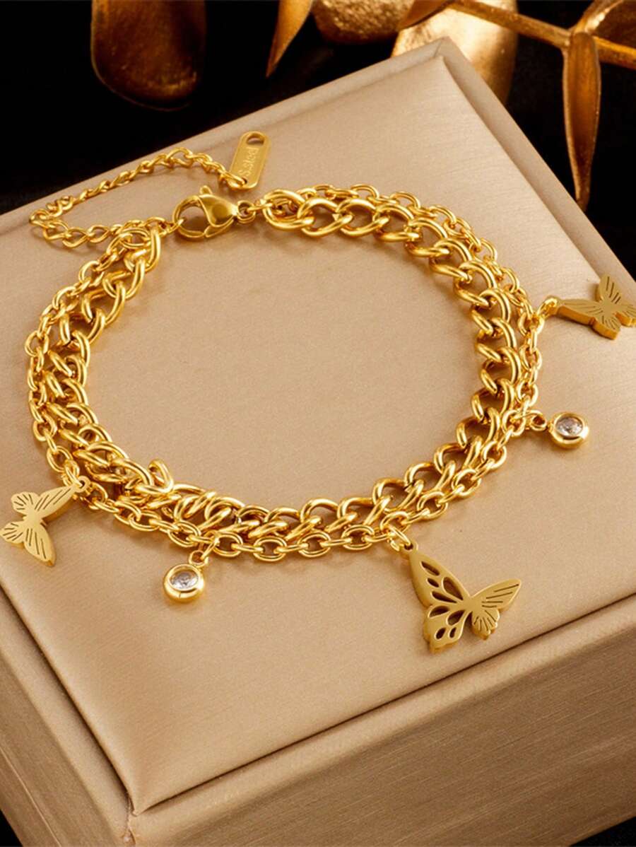1 Pieza Vintage Y Sofisticado Pulsera De Doble Capa De Enlace De Acero Inoxidable Con Colgante De Mariposa Hueco De Metal Y Strass Para Las Mujeres, Adecuado Para Uso Diario - Pulsera - Ver 1