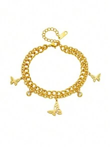 1 Pieza Vintage Y Sofisticado Pulsera De Doble Capa De Enlace De Acero Inoxidable Con Colgante De Mariposa Hueco De Metal Y Strass Para Las Mujeres, Adecuado Para Uso Diario - Pulsera - Ver 8