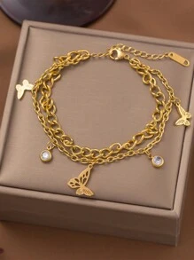 1 Pieza Vintage Y Sofisticado Pulsera De Doble Capa De Enlace De Acero Inoxidable Con Colgante De Mariposa Hueco De Metal Y Strass Para Las Mujeres, Adecuado Para Uso Diario - Pulsera - Ver 7