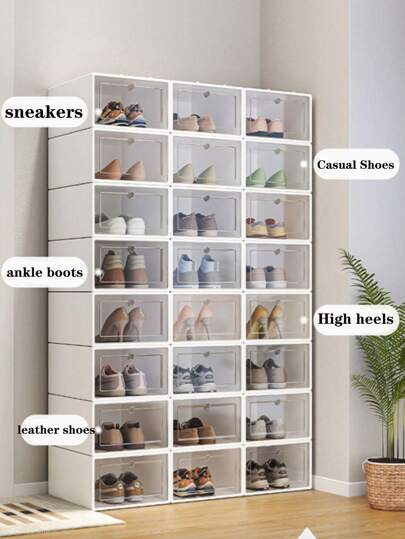 1pack Shoe Boxes,Shoe Organizer,Clear Plastic Stackable Sneaker Containers/Bins For Entryway,Space Saving Shoe Rack Bin Holder, Storage Drawer Units,White