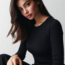 Women's Ribb Long Sleeve Round Neck Slim Fit T-Shirt - 黑色 - 查看 2