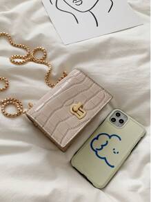 Super Mini Simple Bolsa De Hombro Con Hebilla De Bloqueo Y Cadena De Espina De Pescado - Beis - Ver 6