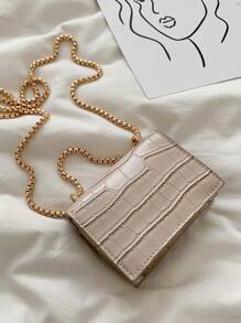 Super Mini Simple Bolsa De Hombro Con Hebilla De Bloqueo Y Cadena De Espina De Pescado - Beis - Ver 4