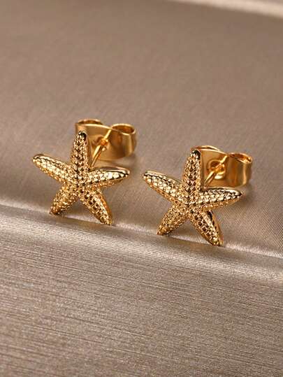 1 par de pendientes de botón con forma de estrella de mar, adecuados para mujeres y niñas, con textura encantadora, joyería de moda para el verano y la playa, accesorio de regalo